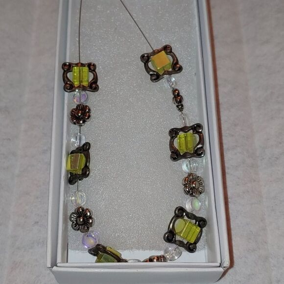 Handmade Necklace Semi-Transparent Green Iridescent Square Glass beads - Picture 1 of 2
